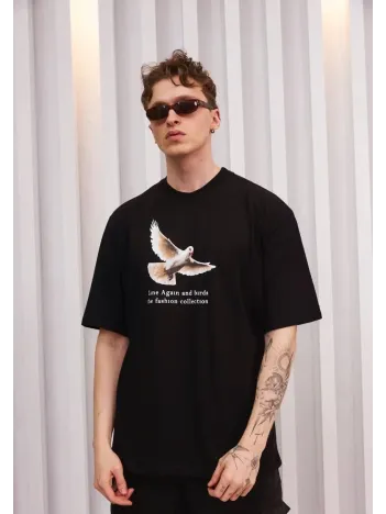 Unisex Bisiklet Yaka Baskılı Oversize T-Shirt - Siyah Unisex Bisiklet Yaka Baskılı Oversize T-Shirt - Siyah