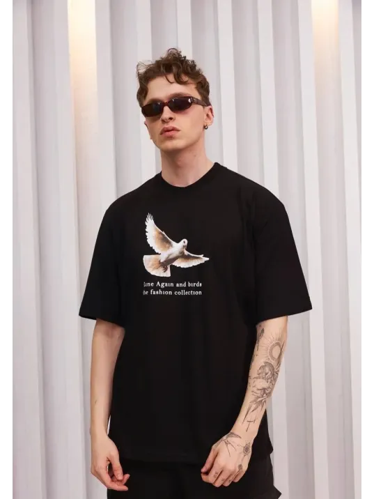 Unisex Bisiklet Yaka Baskılı Oversize T-Shirt - Siyah Unisex Bisiklet Yaka Baskılı Oversize T-Shirt - Siyah