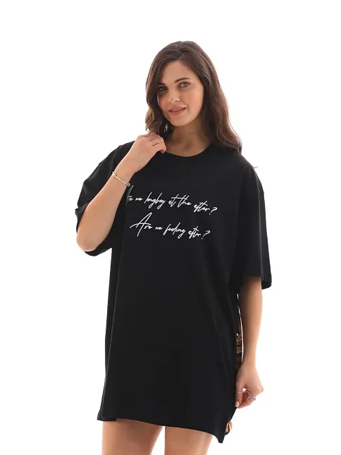 Unisex Bisiklet Yaka Baskılı Oversize T-shirt - Siyah