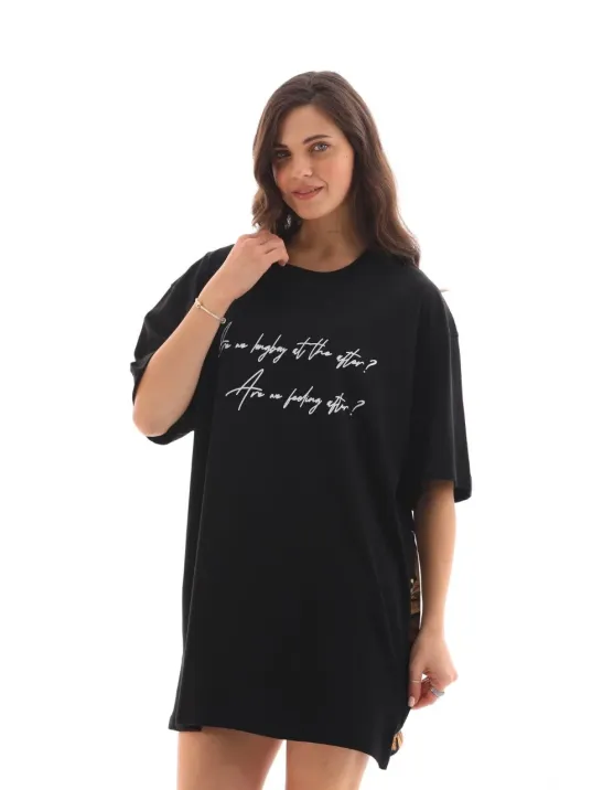 Unisex Bisiklet Yaka Baskılı Oversize T-shirt - Siyah Unisex Bisiklet Yaka Baskılı Oversize T-shirt - Siyah