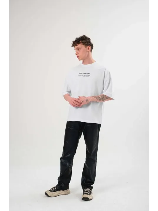 Unisex Bisiklet Yaka Baskılı Oversize T-shirt - Beyaz