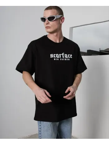 Unisex Bisiklet Yaka Baskılı Oversize T-shirt - Siyah