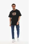 Unisex Bisiklet Yaka Baskılı Oversize T-shirt - Siyah