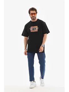 Unisex Bisiklet Yaka Baskılı Oversize T-shirt - Siyah