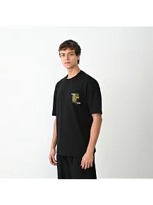 Unisex Bisiklet Yaka Baskılı Oversize T-shirt - Siyah