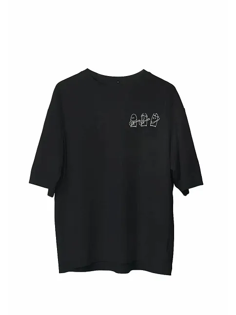 Unisex Bisiklet Yaka Baskılı Oversize T-shirt - Siyah