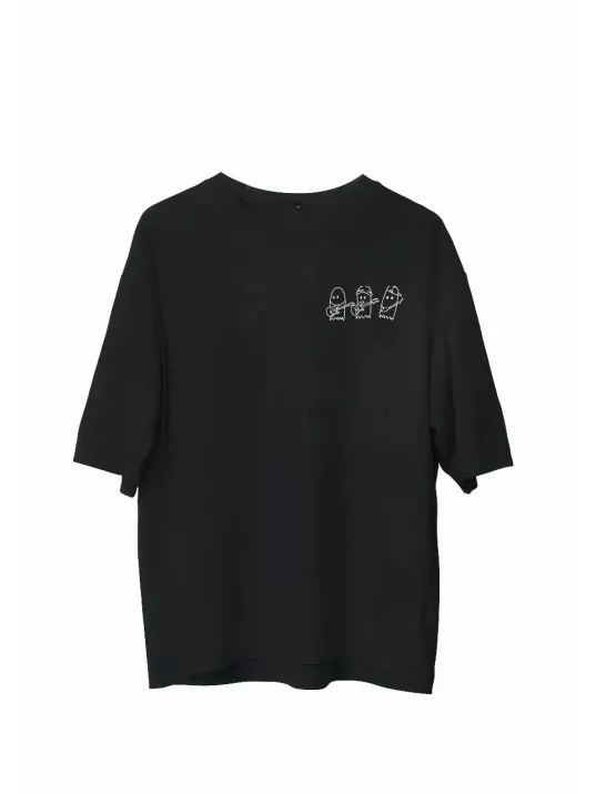 Unisex Bisiklet Yaka Baskılı Oversize T-Shirt - Siyah Unisex Bisiklet Yaka Baskılı Oversize T-Shirt - Siyah