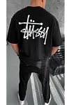 Unisex Bisiklet Yaka Baskılı Oversize T-shirt - Siyah