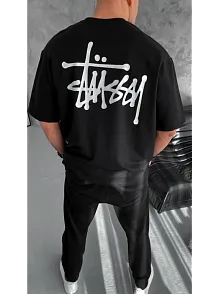 Unisex Bisiklet Yaka Baskılı Oversize T-shirt - Siyah