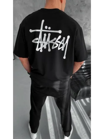 Unisex Bisiklet Yaka Baskılı Oversize T-Shirt - Siyah Unisex Bisiklet Yaka Baskılı Oversize T-Shirt - Siyah