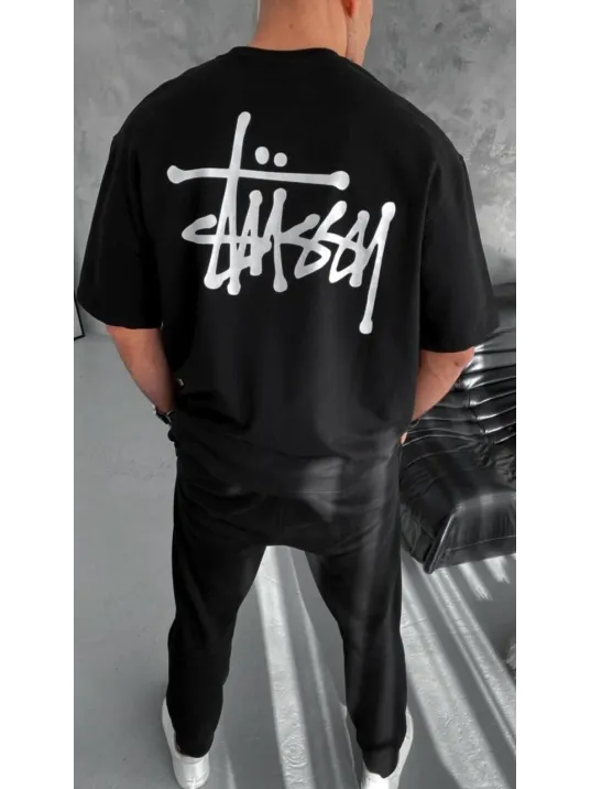 Unisex Bisiklet Yaka Baskılı Oversize T-Shirt - Siyah