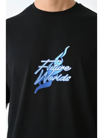 Unisex Bisiklet Yaka Baskılı Oversize T-Shirt - Siyah Unisex Bisiklet Yaka Baskılı Oversize T-Shirt - Siyah