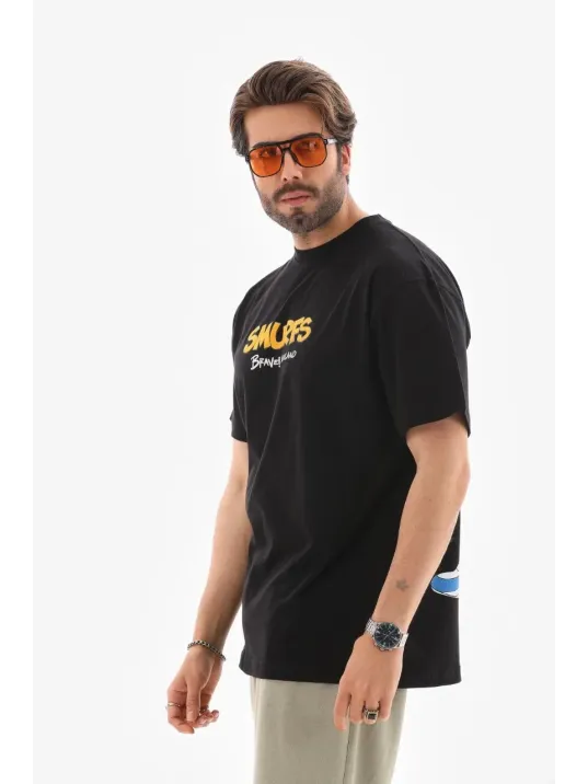 Unisex Bisiklet Yaka Baskılı Oversize T-Shirt - Siyah Unisex Bisiklet Yaka Baskılı Oversize T-Shirt - Siyah