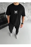Unisex Bisiklet Yaka Baskılı Oversize T-shirt - Siyah