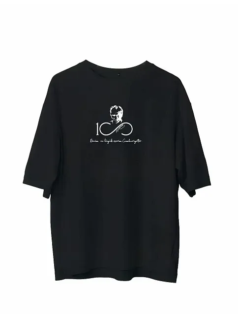 Unisex Bisiklet Yaka Baskılı Oversize T-shirt - Siyah