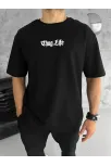Unisex Bisiklet Yaka Baskılı Oversize T-shirt - Siyah