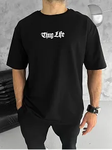 Unisex Bisiklet Yaka Baskılı Oversize T-shirt - Siyah