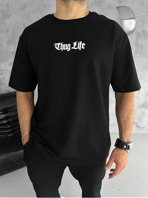 Unisex Bisiklet Yaka Baskılı Oversize T-shirt - Siyah