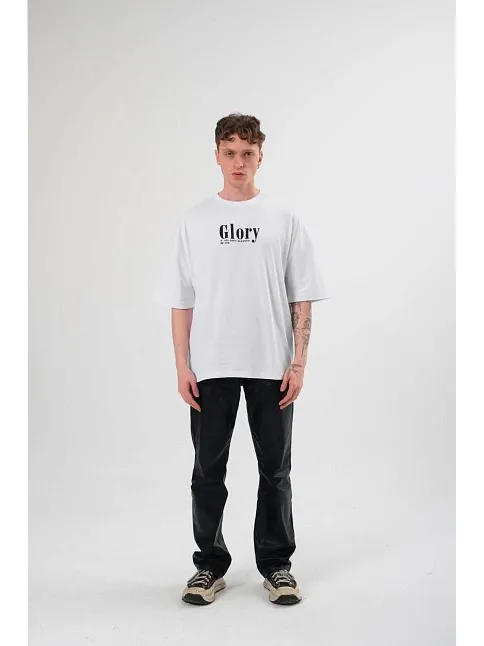 Unisex Bisiklet Yaka Baskılı Oversize T-shirt - Siyah