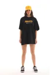 Unisex Bisiklet Yaka Baskılı Oversize T-shirt - Siyah