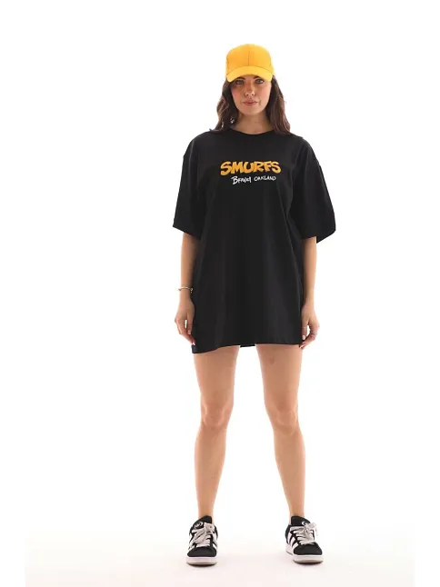 Unisex Bisiklet Yaka Baskılı Oversize T-shirt - Siyah