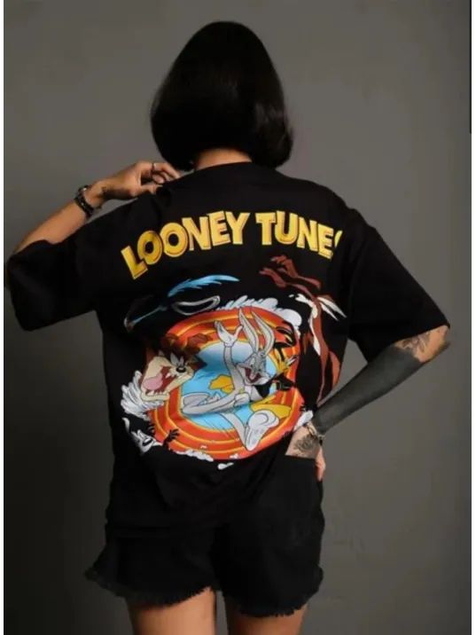 Unisex Bisiklet Yaka Baskılı Oversize T-Shirt - Siyah