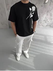Unisex Bisiklet Yaka Baskılı Oversize T-shirt - Siyah