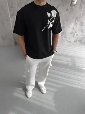 Unisex Bisiklet Yaka Baskılı Oversize T-Shirt - Siyah Unisex Bisiklet Yaka Baskılı Oversize T-Shirt - Siyah