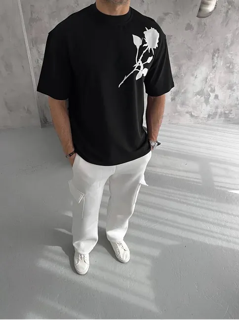 Unisex Bisiklet Yaka Baskılı Oversize T-shirt - Siyah