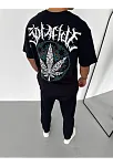 Unisex Bisiklet Yaka Baskılı Oversize T-shirt - Siyah