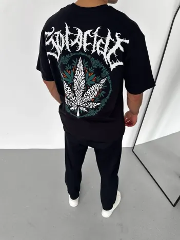 Unisex Bisiklet Yaka Baskılı Oversize T-Shirt - Siyah Unisex Bisiklet Yaka Baskılı Oversize T-Shirt - Siyah