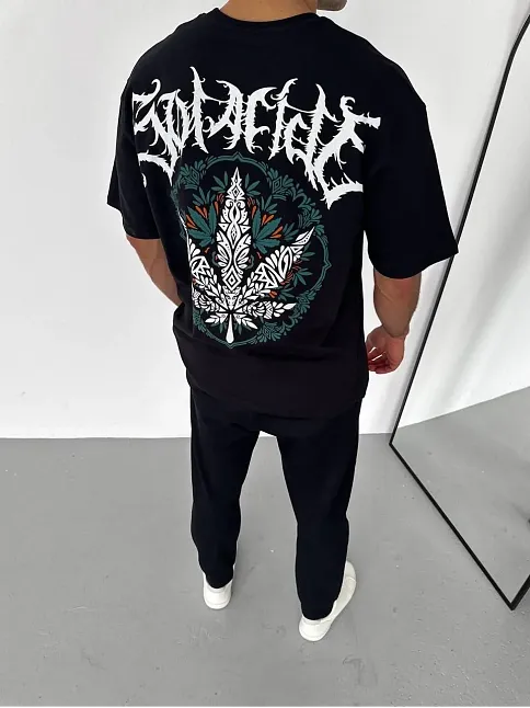 Unisex Bisiklet Yaka Baskılı Oversize T-shirt - Siyah