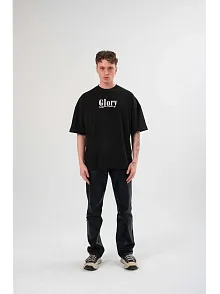 Unisex Bisiklet Yaka Baskılı Oversize T-shirt - Siyah