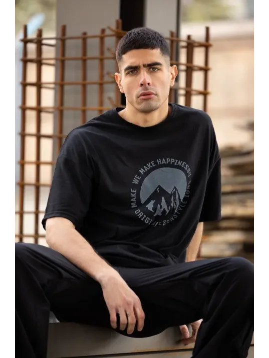 Unisex Bisiklet Yaka Baskılı Oversize T-Shirt - Siyah Unisex Bisiklet Yaka Baskılı Oversize T-Shirt - Siyah