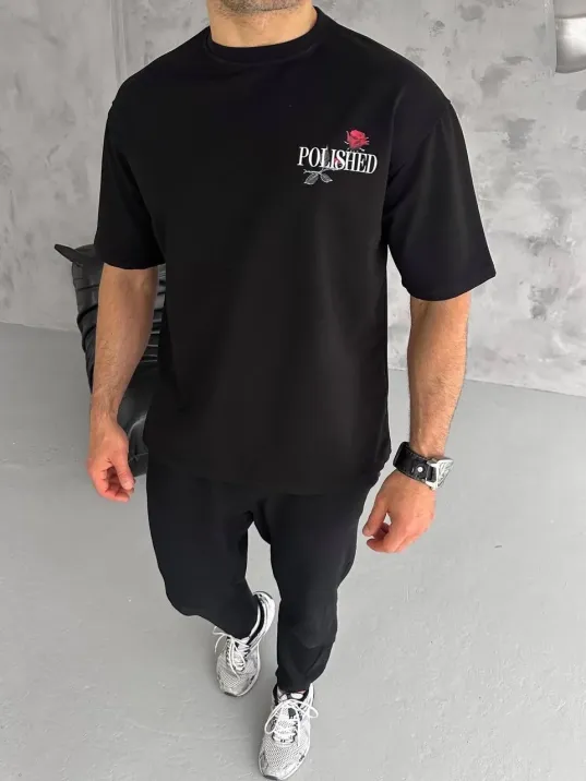 Unisex Bisiklet Yaka Baskılı Oversize T-shirt - Siyah