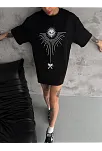 Unisex Bisiklet Yaka Baskılı Oversize T-shirt - Siyah