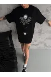 Unisex Bisiklet Yaka Baskılı Oversize T-shirt - Siyah