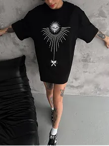 Unisex Bisiklet Yaka Baskılı Oversize T-shirt - Siyah