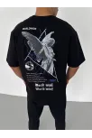 Unisex Bisiklet Yaka Baskılı Oversize T-shirt - Siyah