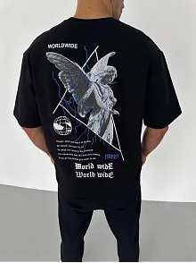 Unisex Bisiklet Yaka Baskılı Oversize T-shirt - Siyah