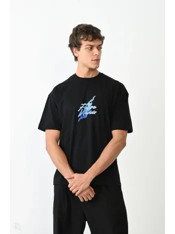 Unisex Bisiklet Yaka Baskılı Oversize T-Shirt - Siyah Unisex Bisiklet Yaka Baskılı Oversize T-Shirt - Siyah