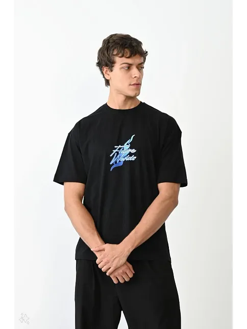 Unisex Bisiklet Yaka Baskılı Oversize T-shirt - Siyah