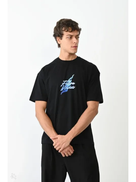 Unisex Bisiklet Yaka Baskılı Oversize T-Shirt - Siyah Unisex Bisiklet Yaka Baskılı Oversize T-Shirt - Siyah