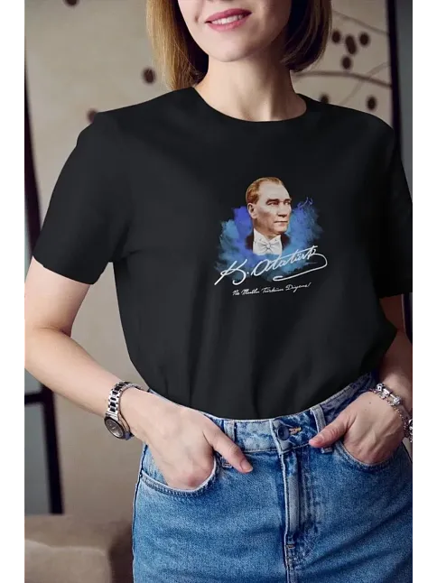 Unisex Bisiklet Yaka Baskılı Oversize T-shirt - Siyah
