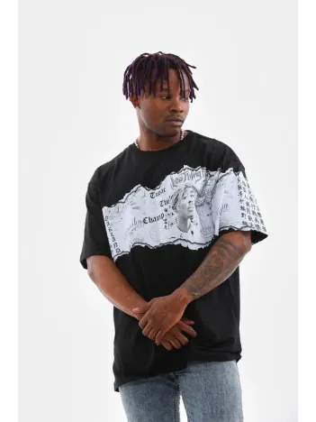 Unisex Bisiklet Yaka Baskılı Oversize T-Shirt - Siyah Unisex Bisiklet Yaka Baskılı Oversize T-Shirt - Siyah