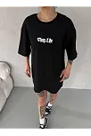 Unisex Bisiklet Yaka Baskılı Oversize T-shirt - Siyah
