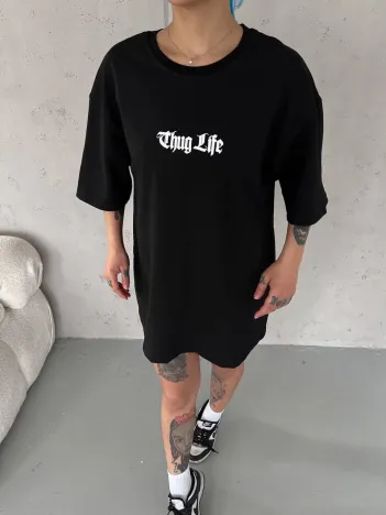 Unisex Bisiklet Yaka Baskılı Oversize T-Shirt - Siyah Unisex Bisiklet Yaka Baskılı Oversize T-Shirt - Siyah