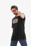 Unisex Bisiklet Yaka Baskılı Oversize T-shirt - Siyah