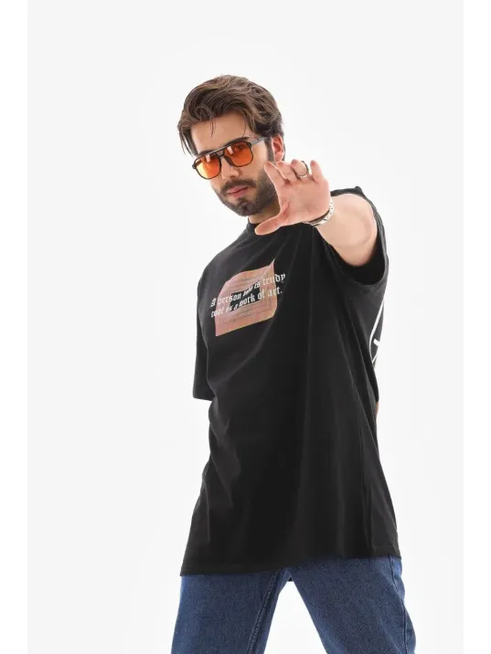Unisex Bisiklet Yaka Baskılı Oversize T-Shirt - Siyah Unisex Bisiklet Yaka Baskılı Oversize T-Shirt - Siyah