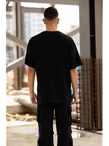 Unisex Bisiklet Yaka Baskılı Oversize T-shirt - Siyah